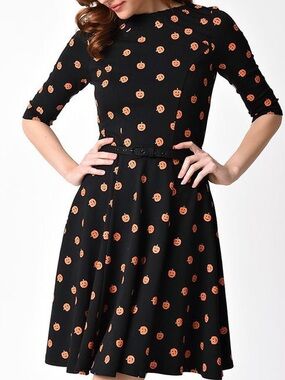Unique Vintage Black & Orange Pumpkin Patch Knit Flare Dress